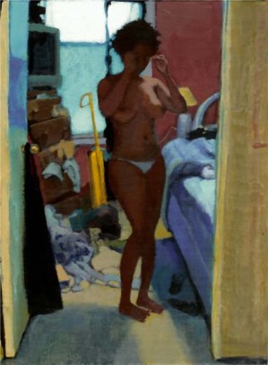 Naked standing woman in a messy bedroom