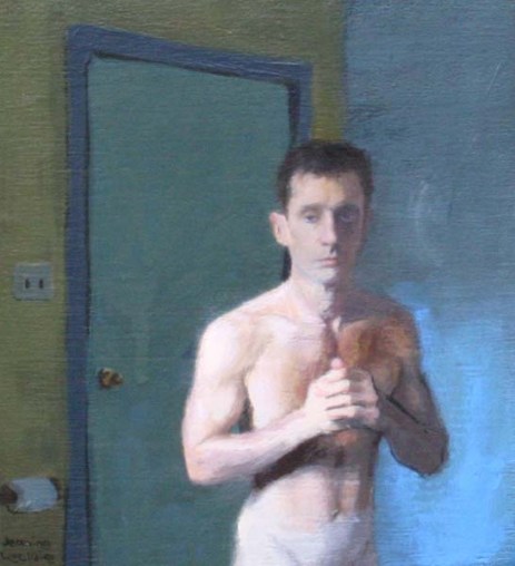 Cropped view of nude standing man next to a door