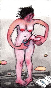 Nude Woman Cutting off a Part of Her Stomach