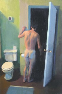 Naked Man in Bathroom Checking Closet