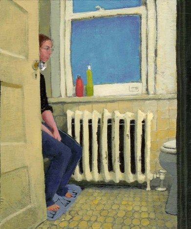 Clothed Woman sitting in front of a toilet