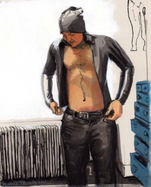 Half-Naked Man With a Black Hat Putting a Black Sweater On
