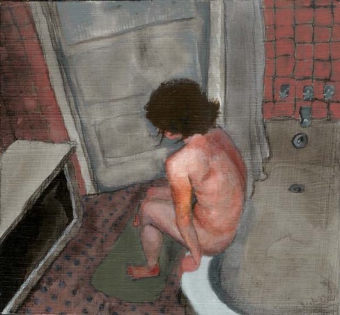 Birds eye view of nude person sitting on the edge of a tub