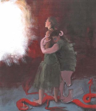 Scared person with tentacles hugging a girl staring at a light