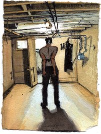Standing Man With Pants Tied Up in Basement