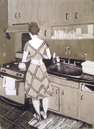 Woman in a dress in the kitchen