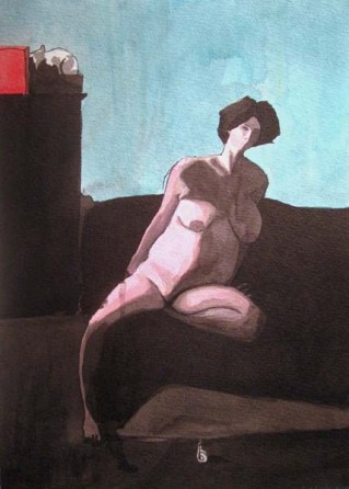 Nude pregnant woman on a sofa