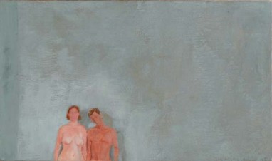 Jeanine and Anthony nude in front of a blue grey wall