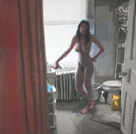 Nude standing woman in the bathroom