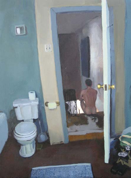 View out of the bathroom with a naked man in the stairwell