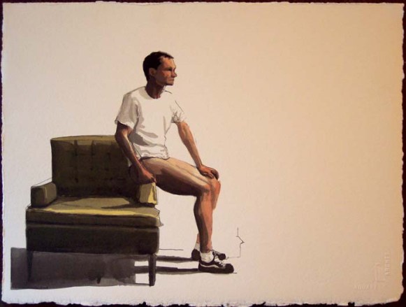 Man with a Shirt, No Pants, Sitting on the Edge of a Chair