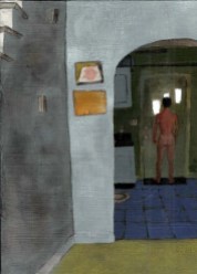Naked man looking outside door