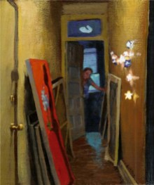 A view of a hallway with paintings and stars