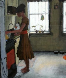 Woman in a dress heating up water in the kitchen