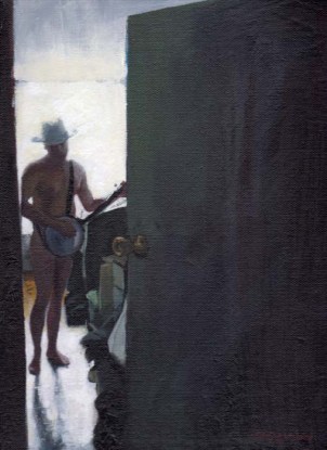 Naked Man with a Hat Playing the Guitar Behind a Door