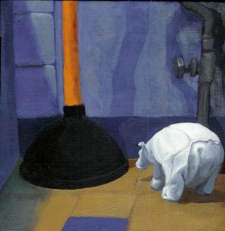 Polar bear toy next to a toilet plunger